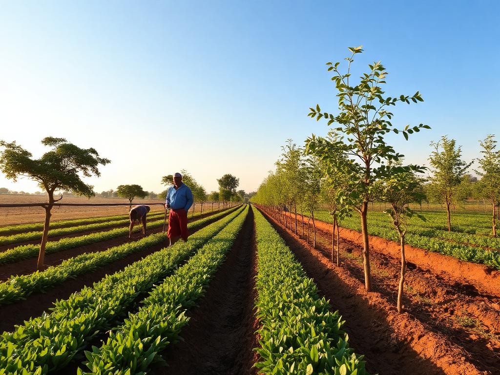 Farmers tending irrigated crop rows and tree seedlings on a conservation-supported farm in Kenya